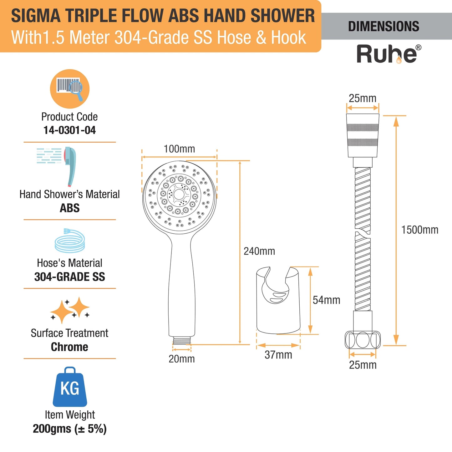 Sigma Five-flow ABS Hand Shower with 304-grade SS Hose & Hook