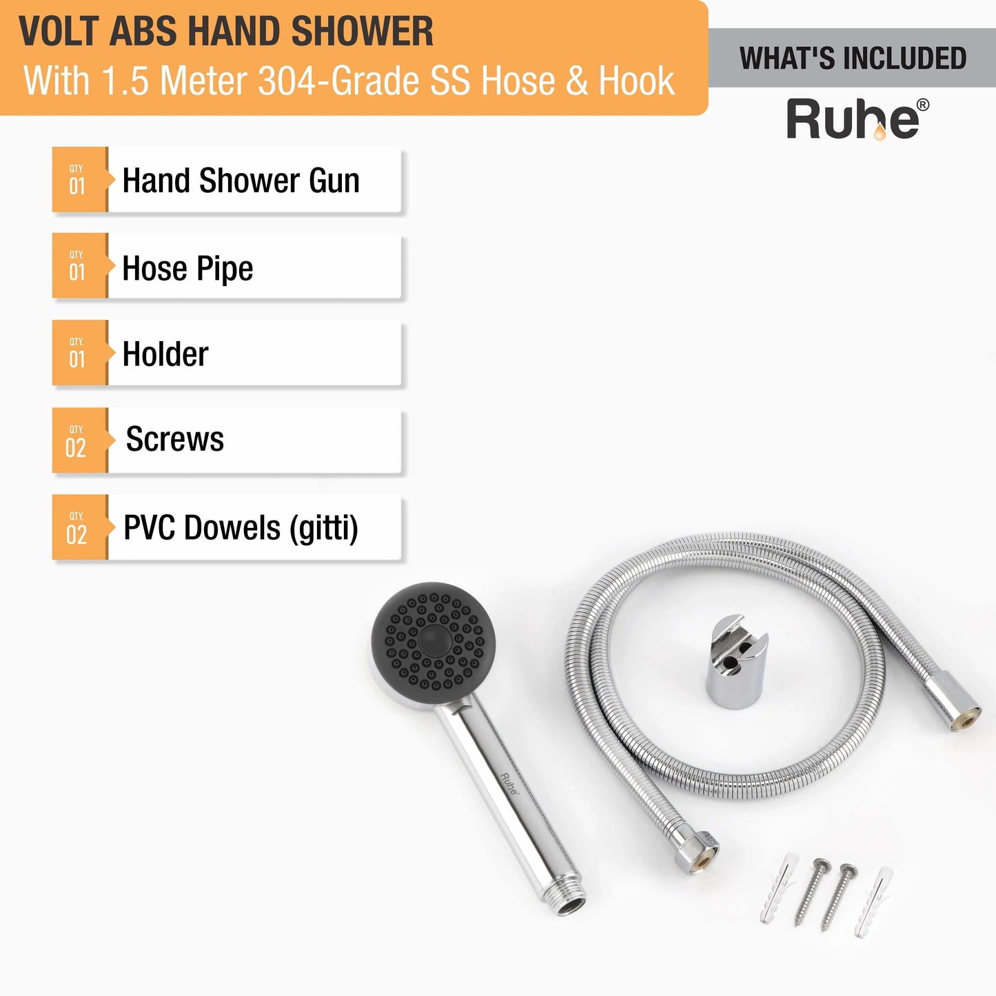 Volt ABS Hand Shower with 1.5 Meter 304-grade SS Hose & Hook