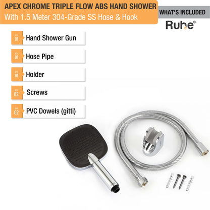 Apex Chrome Triple Flow ABS Hand Shower with 1.5 Meter 304-grade SS Hose & Hook