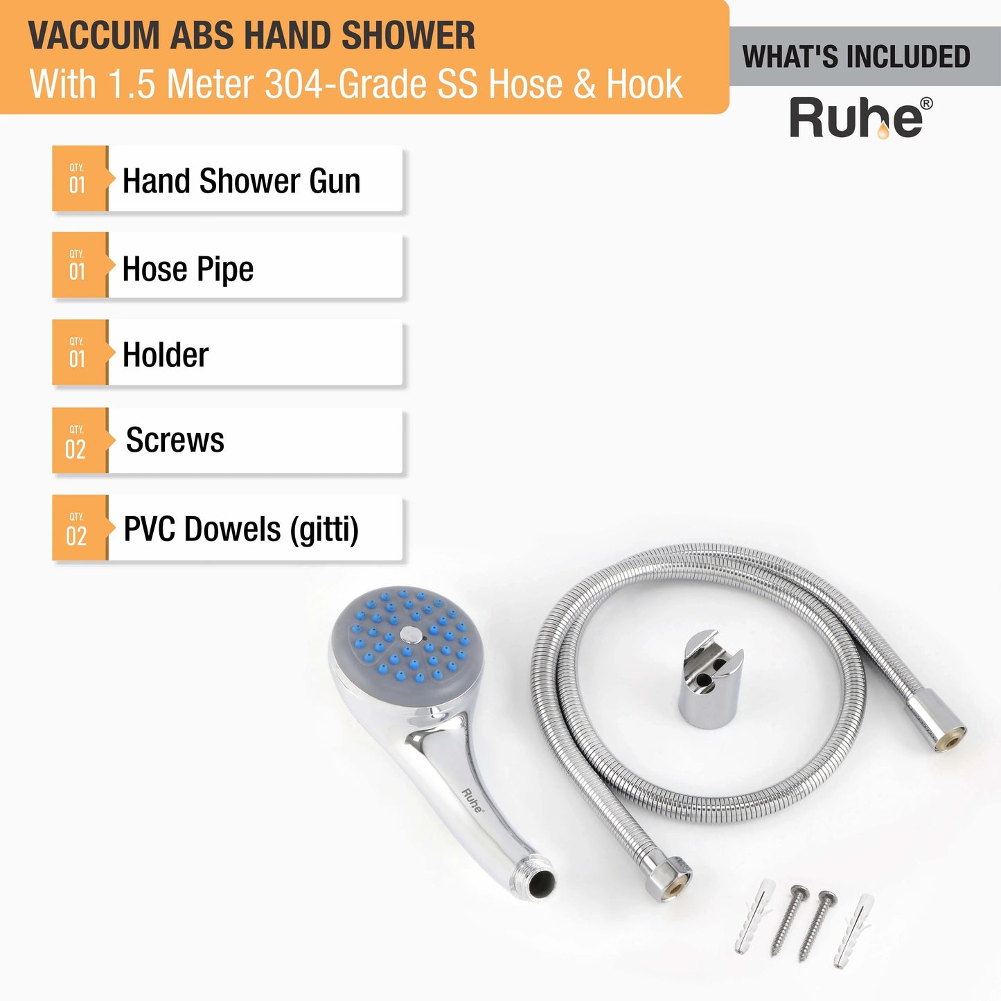 Vaccum ABS Hand Shower with 1.5 Meter 304-grade SS Hose & Hook