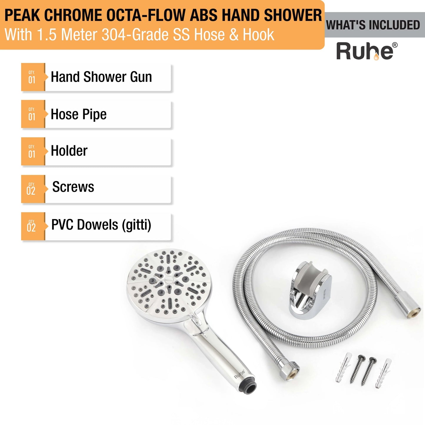 Peak Chrome Octa-Flow ABS Hand Shower with 1.5 Meter 304-grade SS Hose & Hook