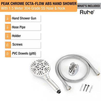 Peak Chrome Octa-Flow ABS Hand Shower with 1.5 Meter 304-grade SS Hose & Hook
