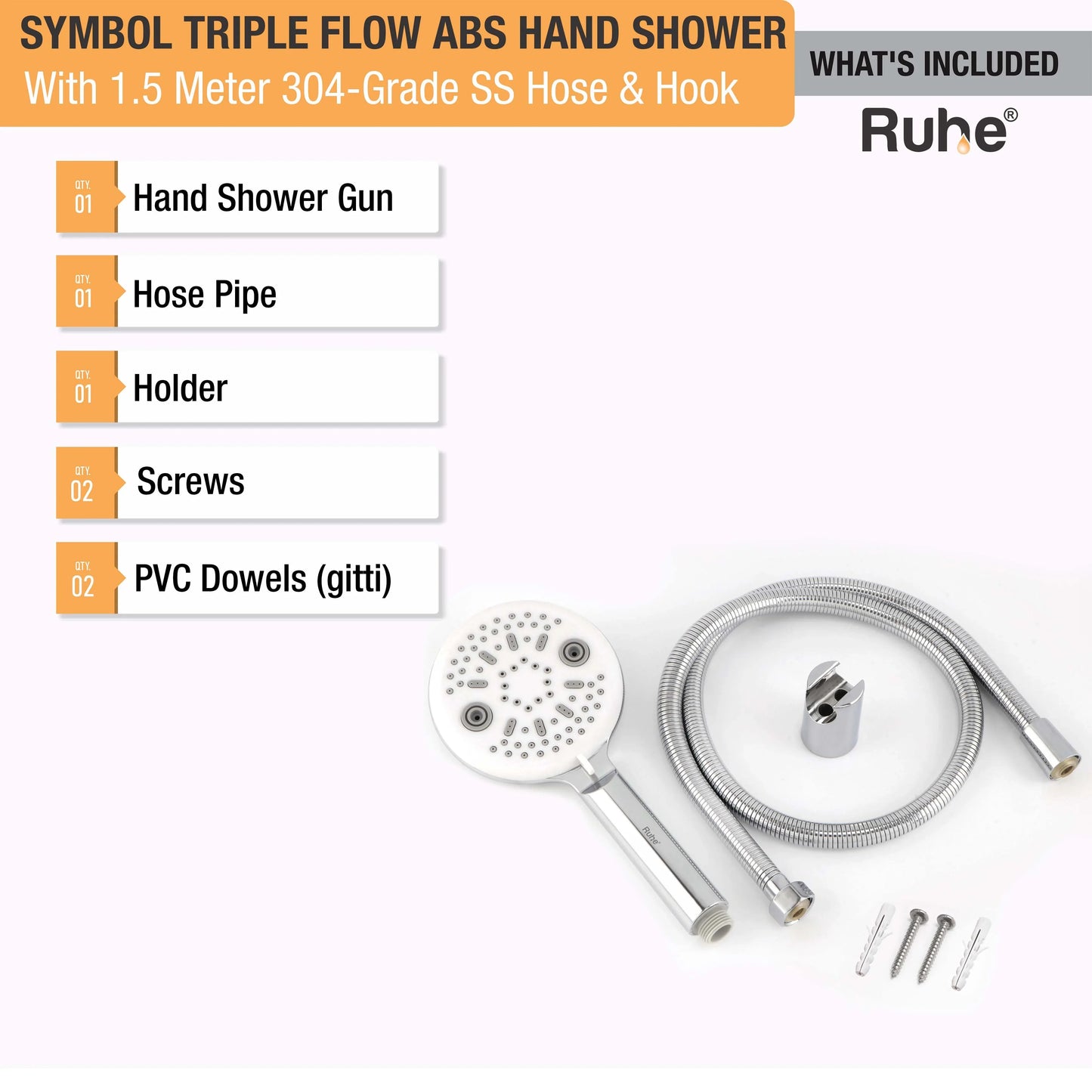 Symbol Triple Flow ABS Hand Shower with 1.5 Meter 304-grade SS Hose & Hook