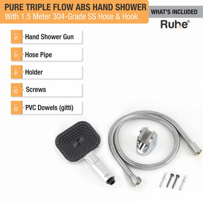Pure Triple Flow ABS Hand Shower with 1.5 Meter 304-grade SS Hose & Hook