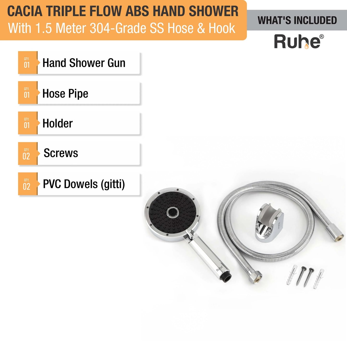 Cacia Triple Flow ABS Hand Shower with 1.5 Meter 304-grade SS Hose & Hook