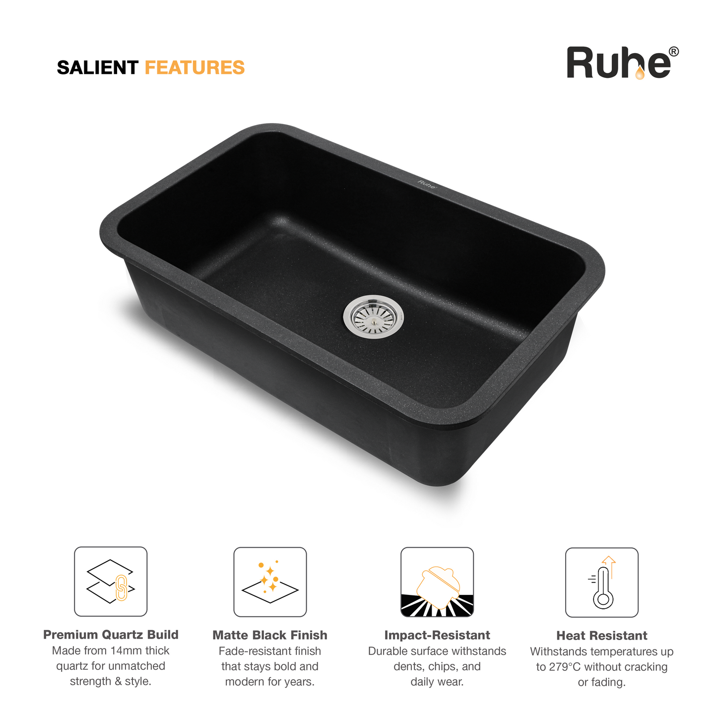 Black Quartz Single Bowl Kitchen Sink (31 x 19 x 9 Inches) (Salient Features)