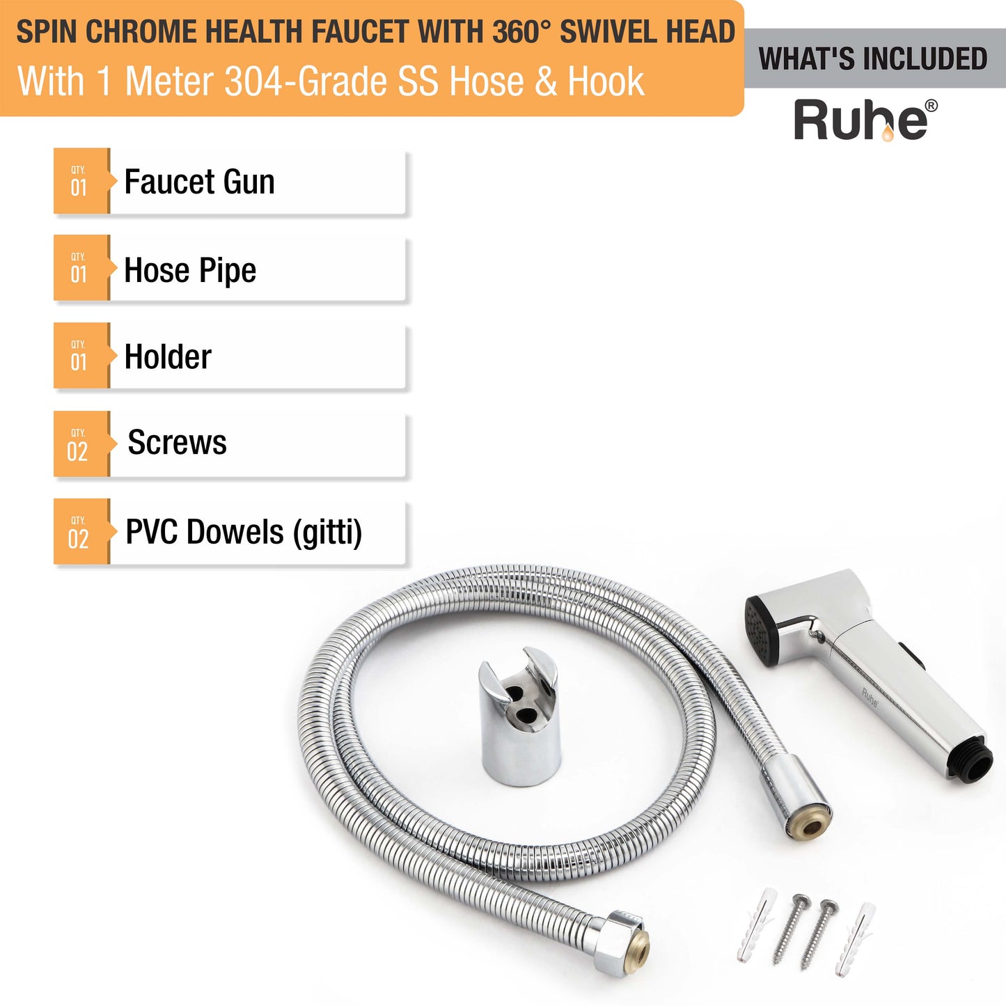 Spin Chrome Health Faucet with 360 Â° Swivel Head and 1 Meter 304-Grade SS Hose & Hook