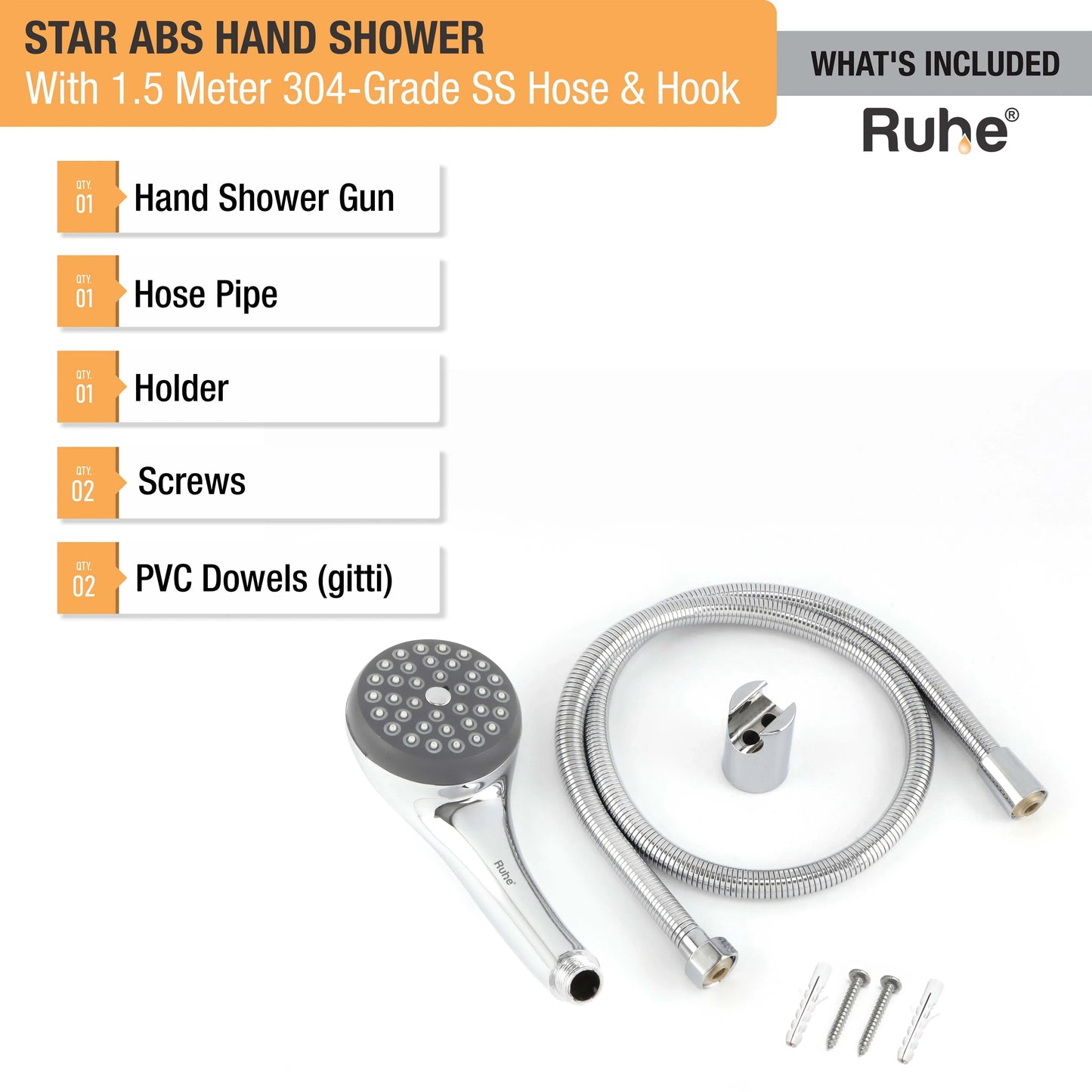 Star ABS Hand Shower with 1.5 Meter 304-grade SS Hose & Hook