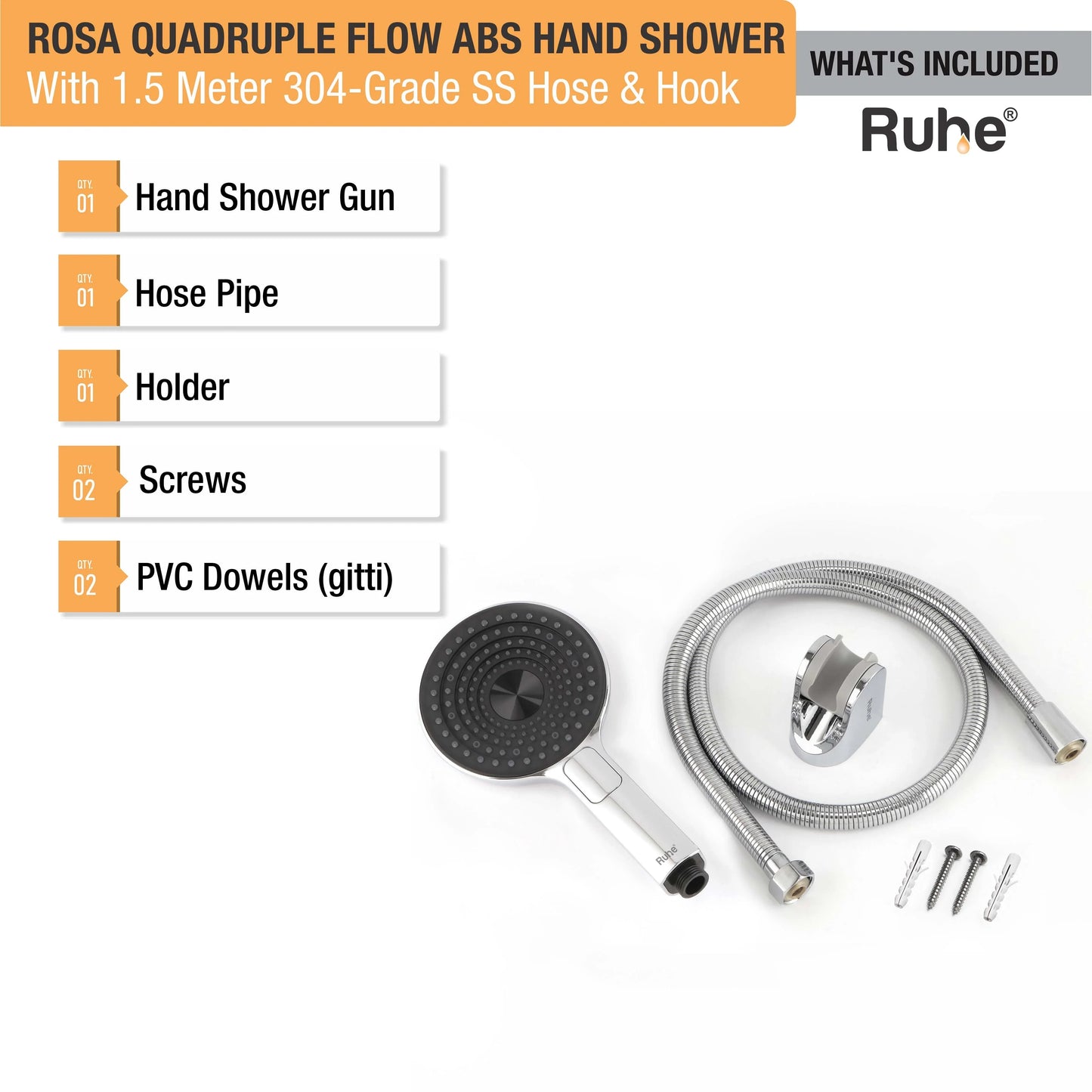 Rosa Quadruple Flow ABS Hand Shower with 1.5 Meter 304-grade SS Hose & Hook