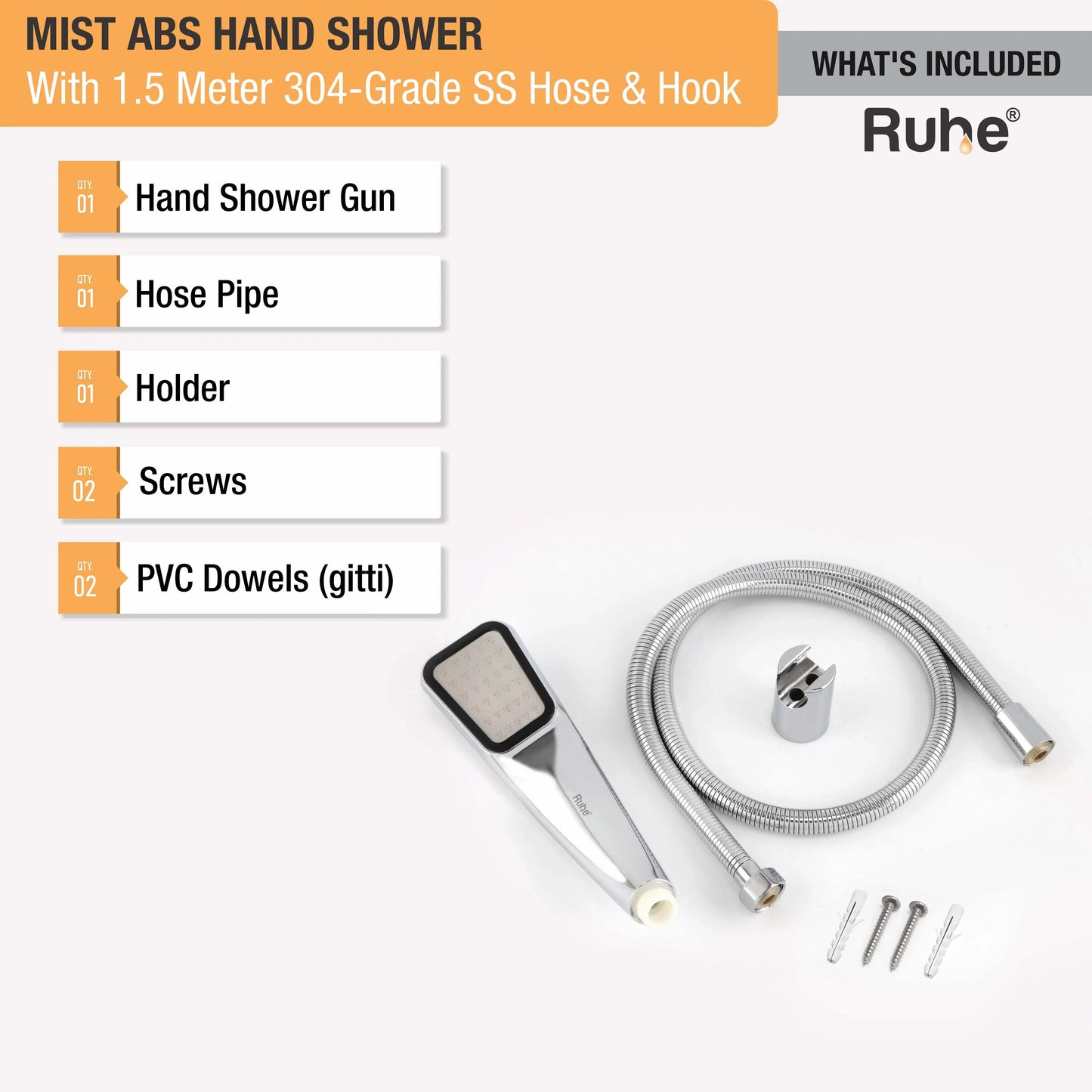 Mist ABS Hand Shower with 1.5 Meter 304-grade SS Hose & Hook