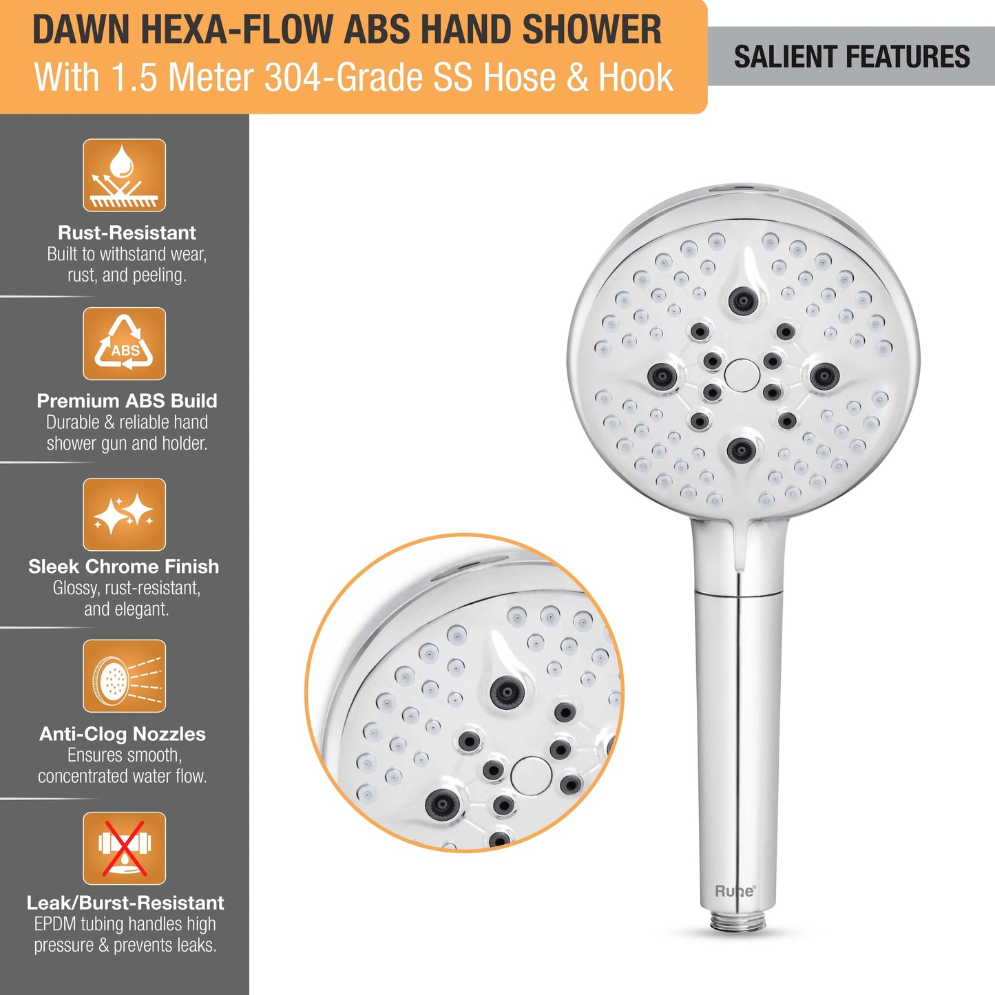Dawn Hexa-Flow ABS Filter Hand Shower with 1.5 Meter 304-grade SS Hose & Hook