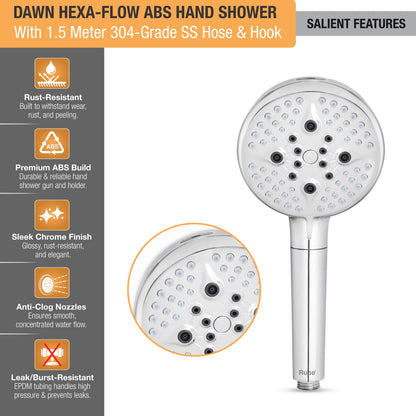 Dawn Hexa-Flow ABS Filter Hand Shower with 1.5 Meter 304-grade SS Hose & Hook