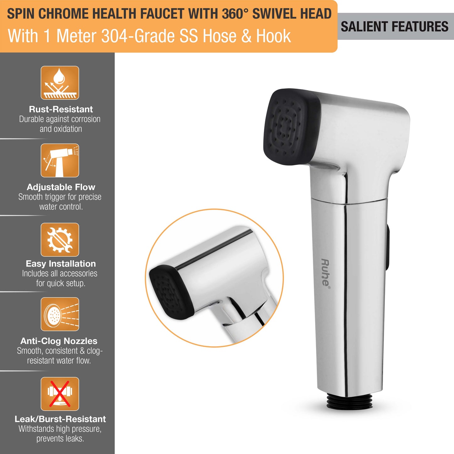 Spin Chrome Health Faucet with 360 Â° Swivel Head and 1 Meter 304-Grade SS Hose & Hook