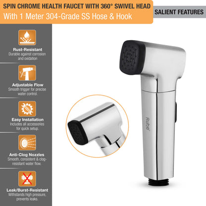 Spin Chrome Health Faucet with 360 Â° Swivel Head and 1 Meter 304-Grade SS Hose & Hook