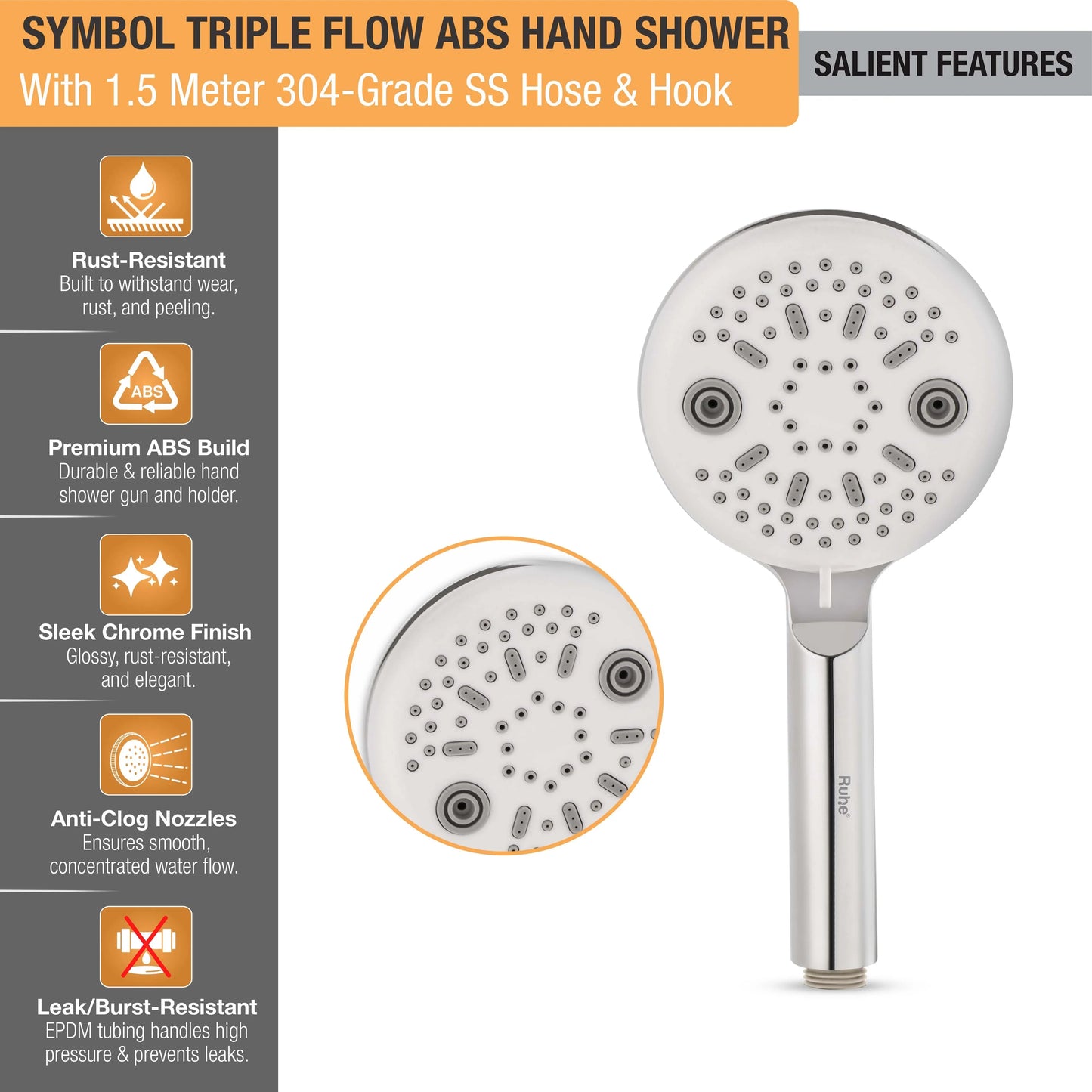 Symbol Triple Flow ABS Hand Shower with 1.5 Meter 304-grade SS Hose & Hook