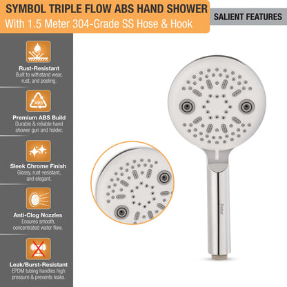 Symbol Triple Flow ABS Hand Shower with 1.5 Meter 304-grade SS Hose & Hook