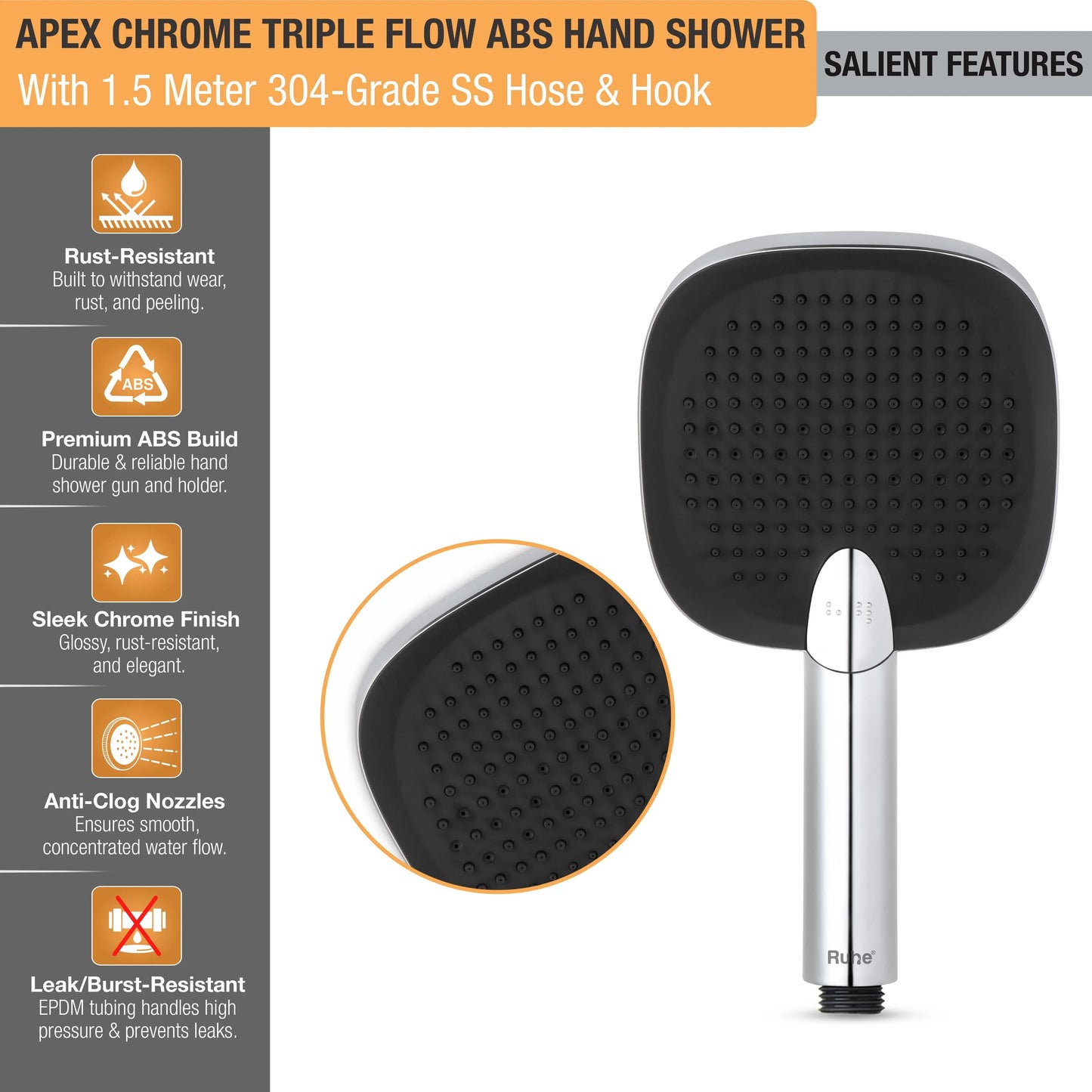 Apex Chrome Triple Flow ABS Hand Shower with 1.5 Meter 304-grade SS Hose & Hook