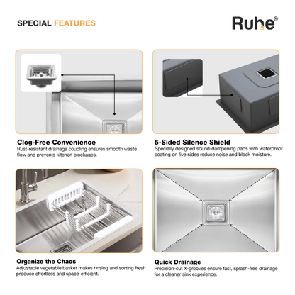 Special features of a sink, including clog-free convenience, 5-sided silence shield, organize the chaos, and quick drainage.