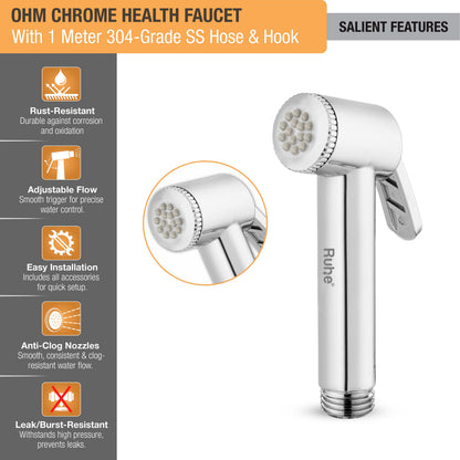 OHM Chrome Health Faucet with 304-Grade SS Hose & Hook