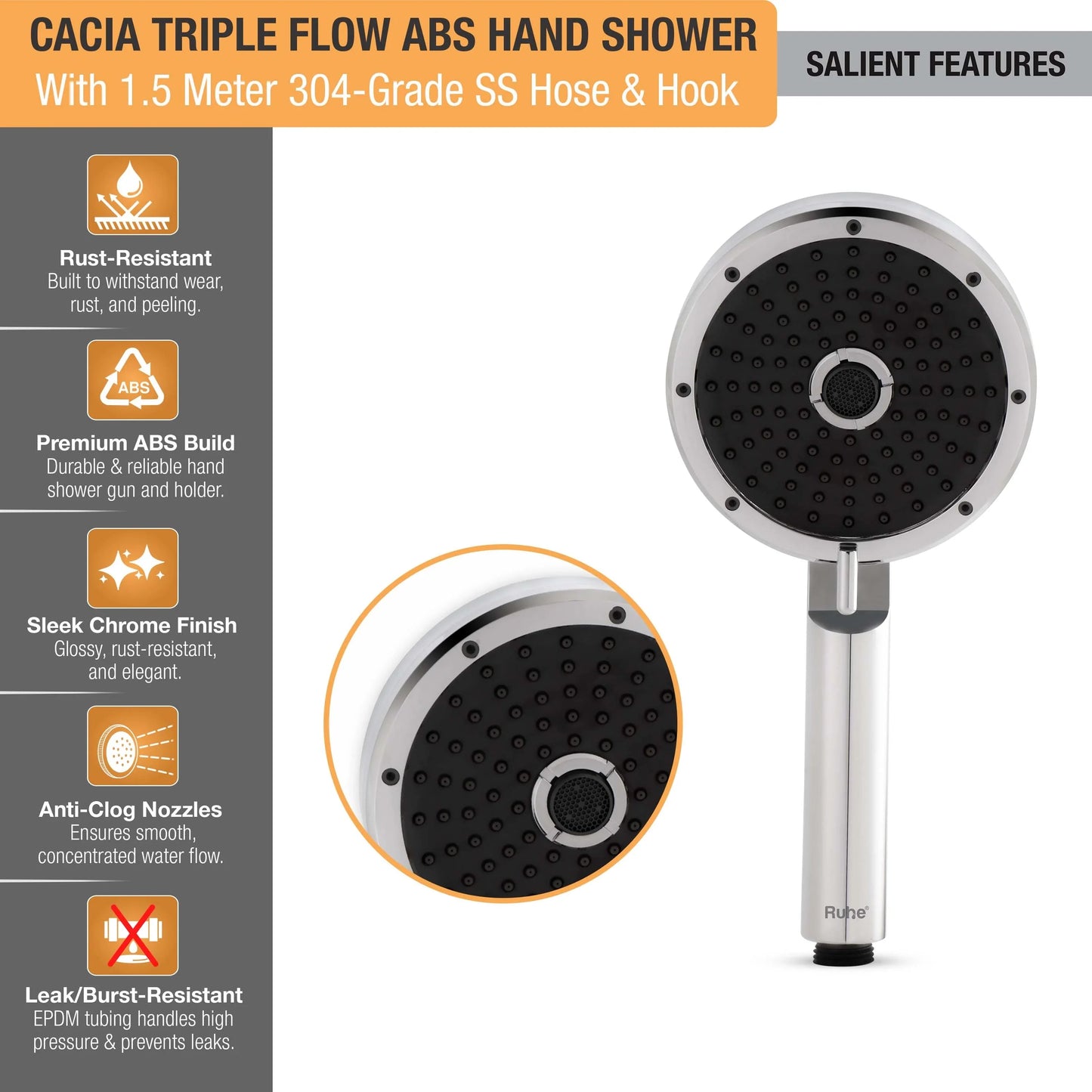 Cacia Multiflow Hand Shower with 304-grade SS Hose & Hook