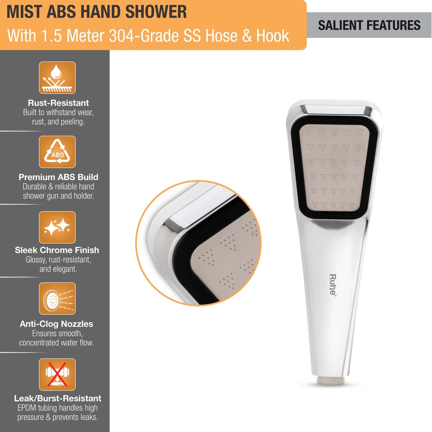 Mist ABS Hand Shower with 1.5 Meter 304-grade SS Hose & Hook