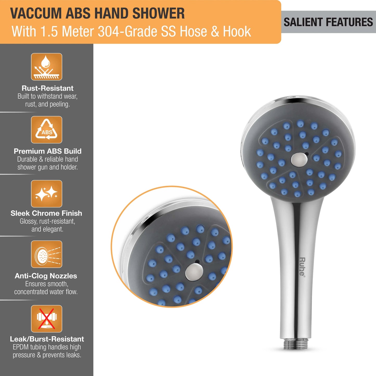 Vaccum ABS Hand Shower with 1.5 Meter 304-grade SS Hose & Hook