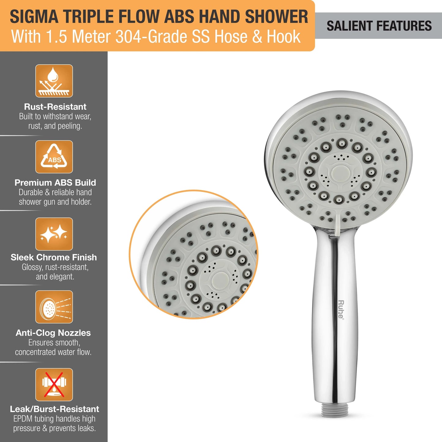 Sigma Five-flow ABS Hand Shower with 304-grade SS Hose & Hook