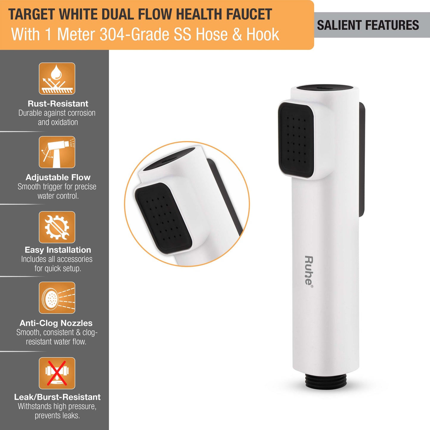 Target Health Faucet with Dual Flow and 1 Meter 304-Grade SS Hose & Hook