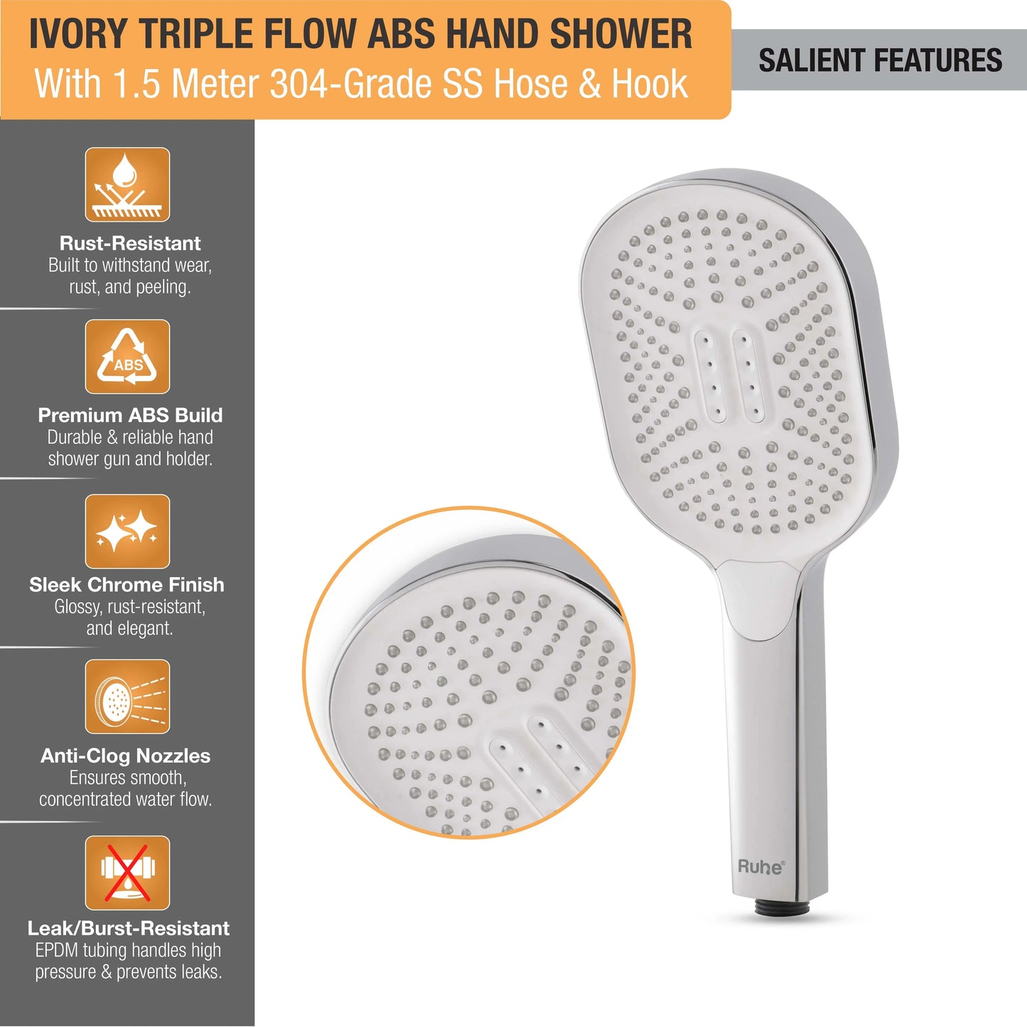 Ivory Triple Flow ABS Hand Shower with 1.5 Meter 304-grade SS Hose & Hook