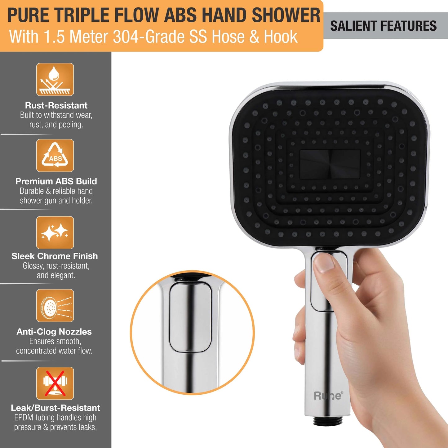 Pure Triple Flow ABS Hand Shower with 1.5 Meter 304-grade SS Hose & Hook