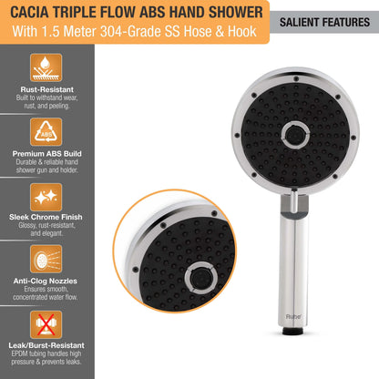 Cacia Triple Flow ABS Hand Shower with 1.5 Meter 304-grade SS Hose & Hook