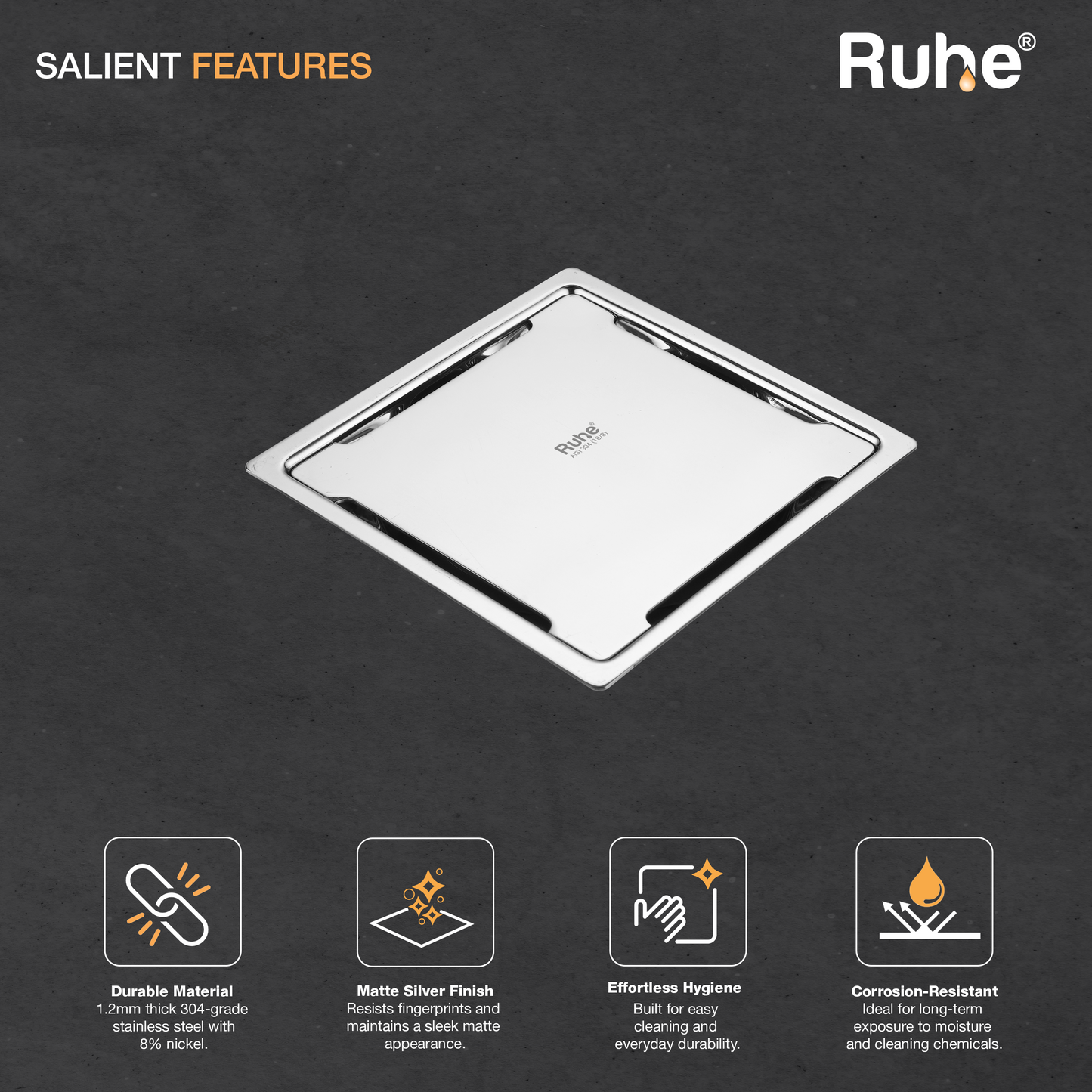 Diamond Square Flat Cut 304-Grade Floor Drain (5 x 5 Inches) - by Ruhe
