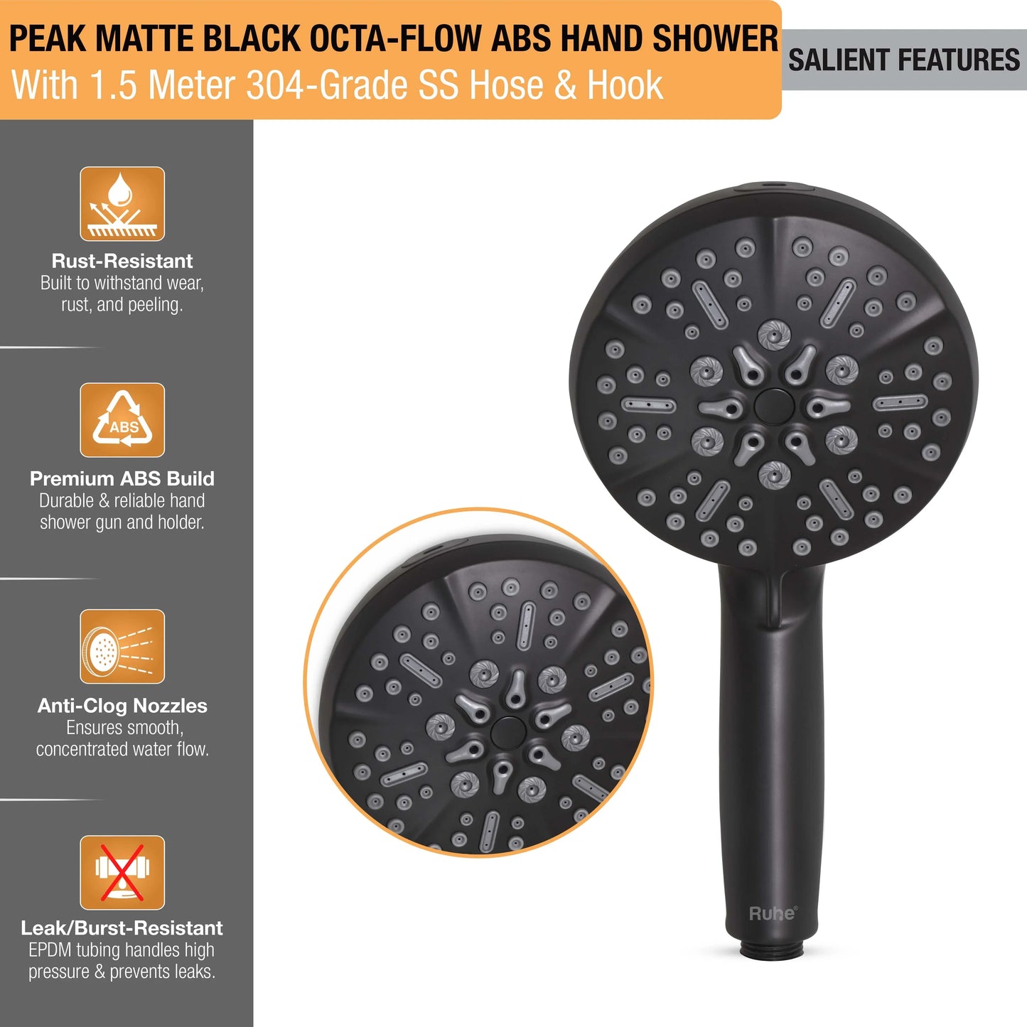 Peak Multiflow Hand Shower with 304-grade SS Hose & Hook