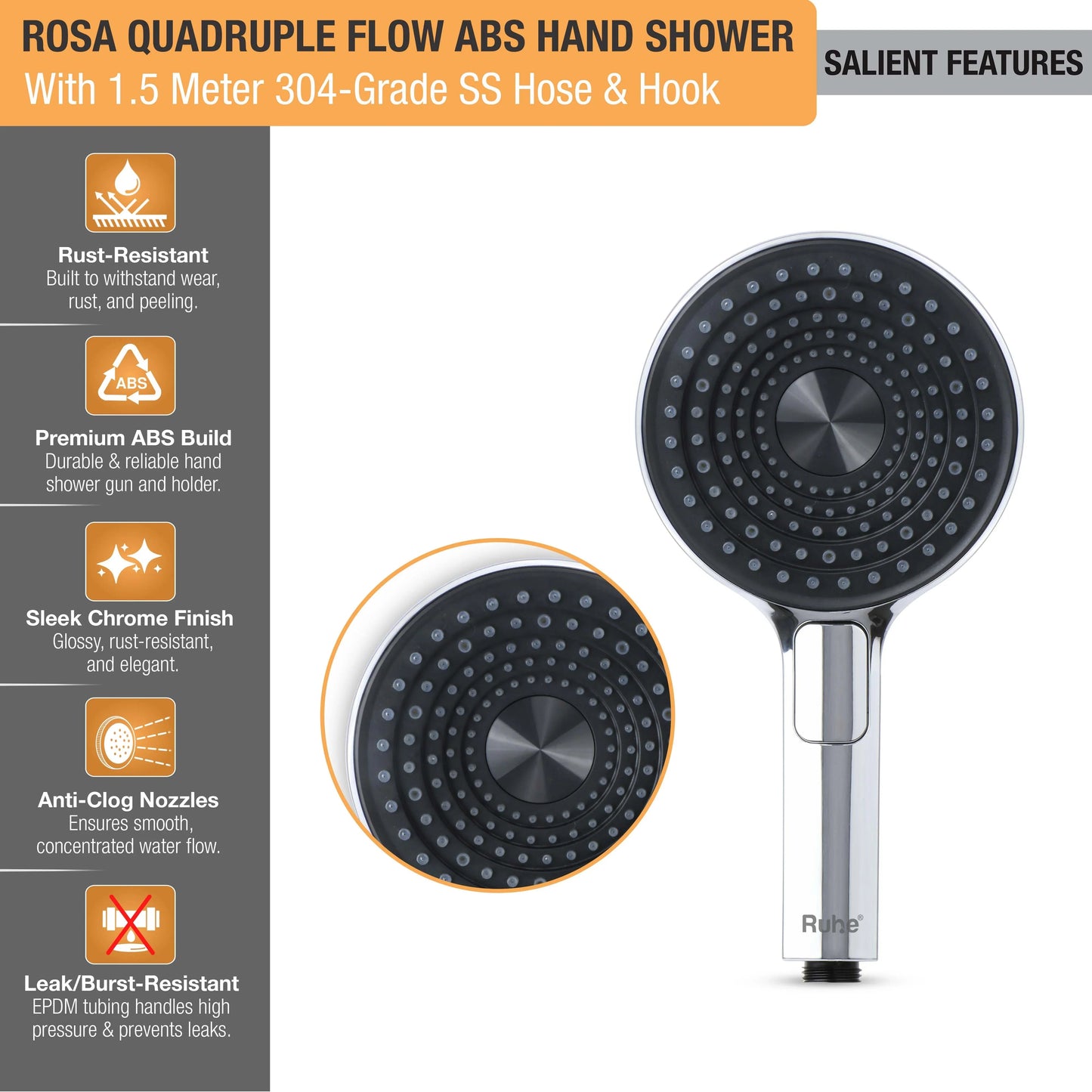 Rosa Quadruple Flow ABS Hand Shower with 1.5 Meter 304-grade SS Hose & Hook