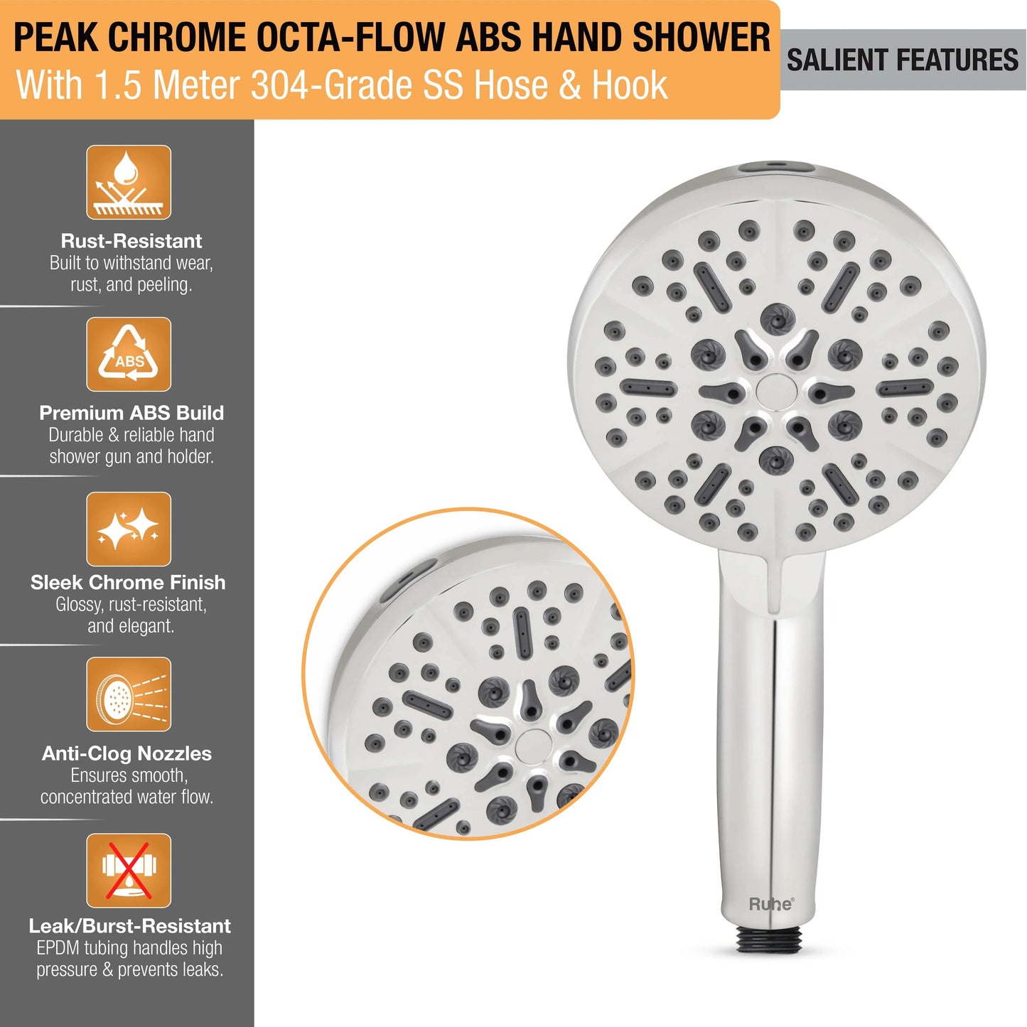Peak Chrome Octa-Flow ABS Hand Shower with 1.5 Meter 304-grade SS Hose & Hook