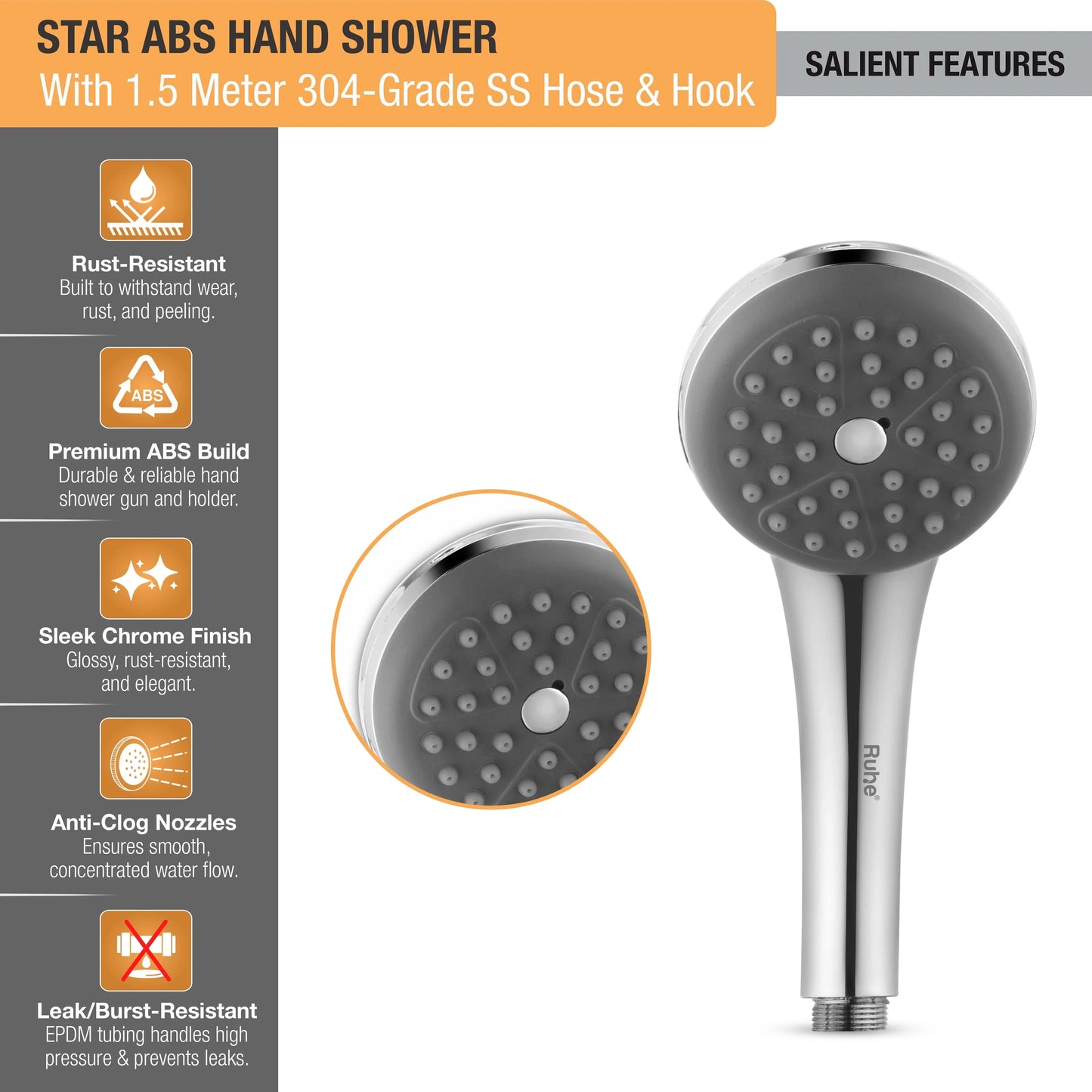 Star ABS Hand Shower with 1.5 Meter 304-grade SS Hose & Hook