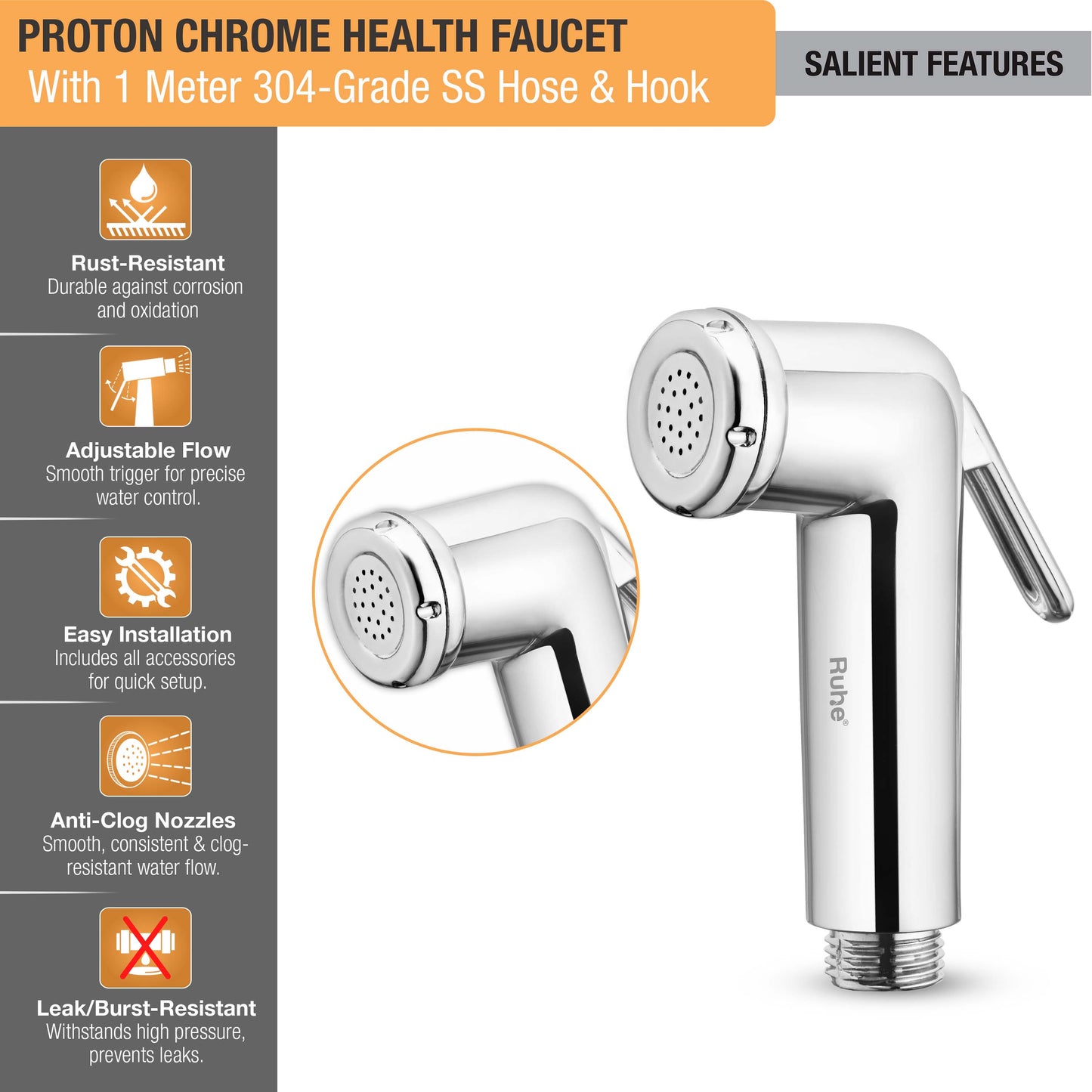 Proton Chrome Health Faucet with 1 Meter 304-Grade SS Hose & Hook