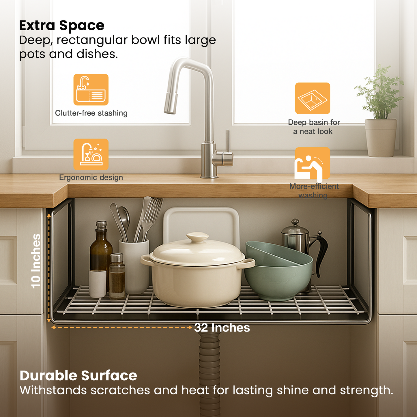 Handmade Single Bowl Kitchen Sink (32 x 18 x 10 Inches) with Deep Bowl
