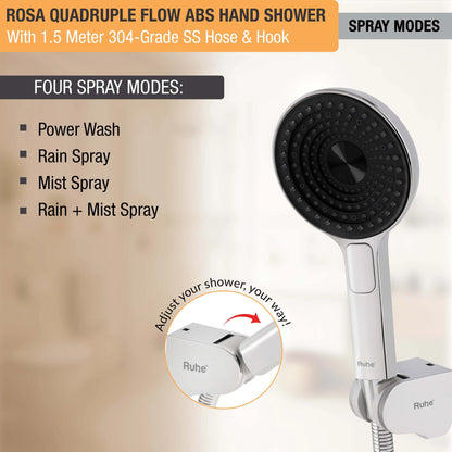 Rosa Quadruple Flow ABS Hand Shower with 1.5 Meter 304-grade SS Hose & Hook