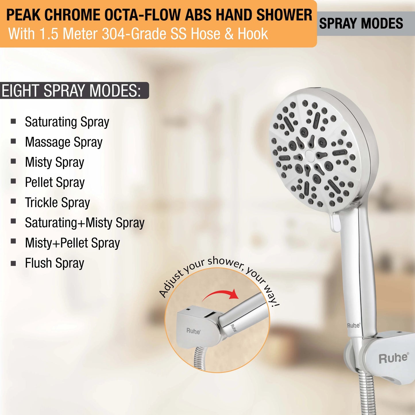 Peak Chrome Octa-Flow ABS Hand Shower with 1.5 Meter 304-grade SS Hose & Hook