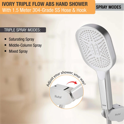 Ivory Triple Flow ABS Hand Shower with 1.5 Meter 304-grade SS Hose & Hook