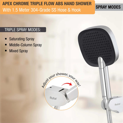 Apex Chrome Triple Flow ABS Hand Shower with 1.5 Meter 304-grade SS Hose & Hook