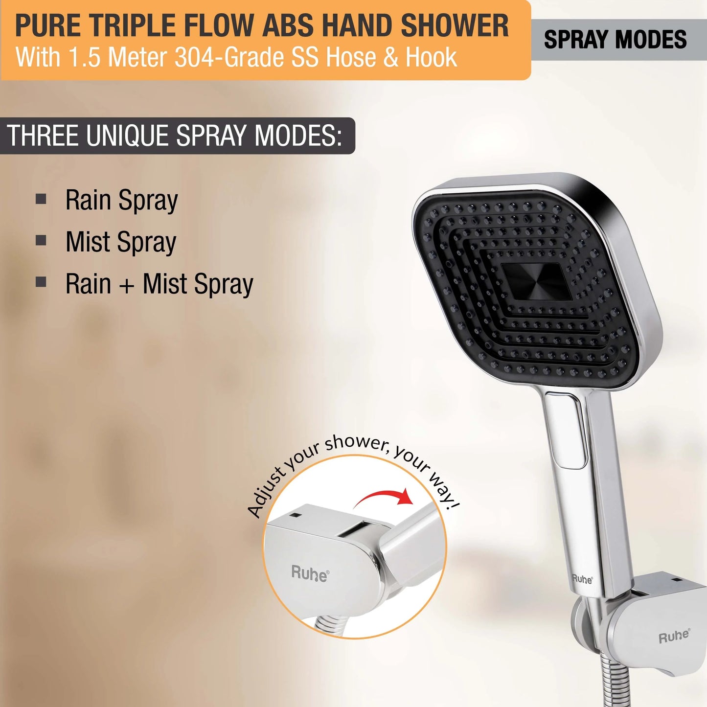 Pure Triple Flow ABS Hand Shower with 1.5 Meter 304-grade SS Hose & Hook