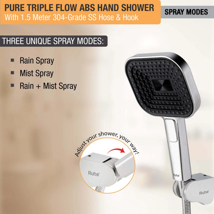 Pure Triple Flow ABS Hand Shower with 1.5 Meter 304-grade SS Hose & Hook