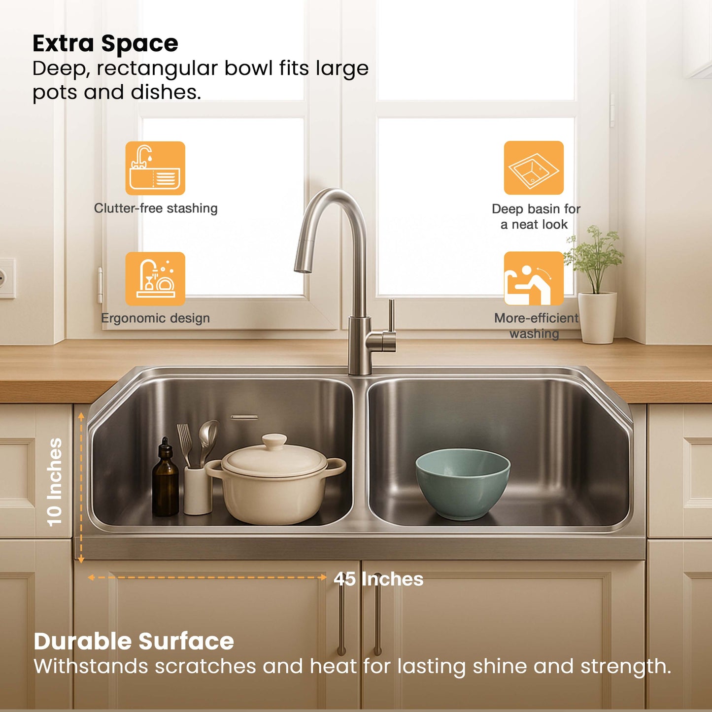 Handmade Double Bowl Kitchen Sink (45 x 20 x 10 Inches) with Deep Bowl