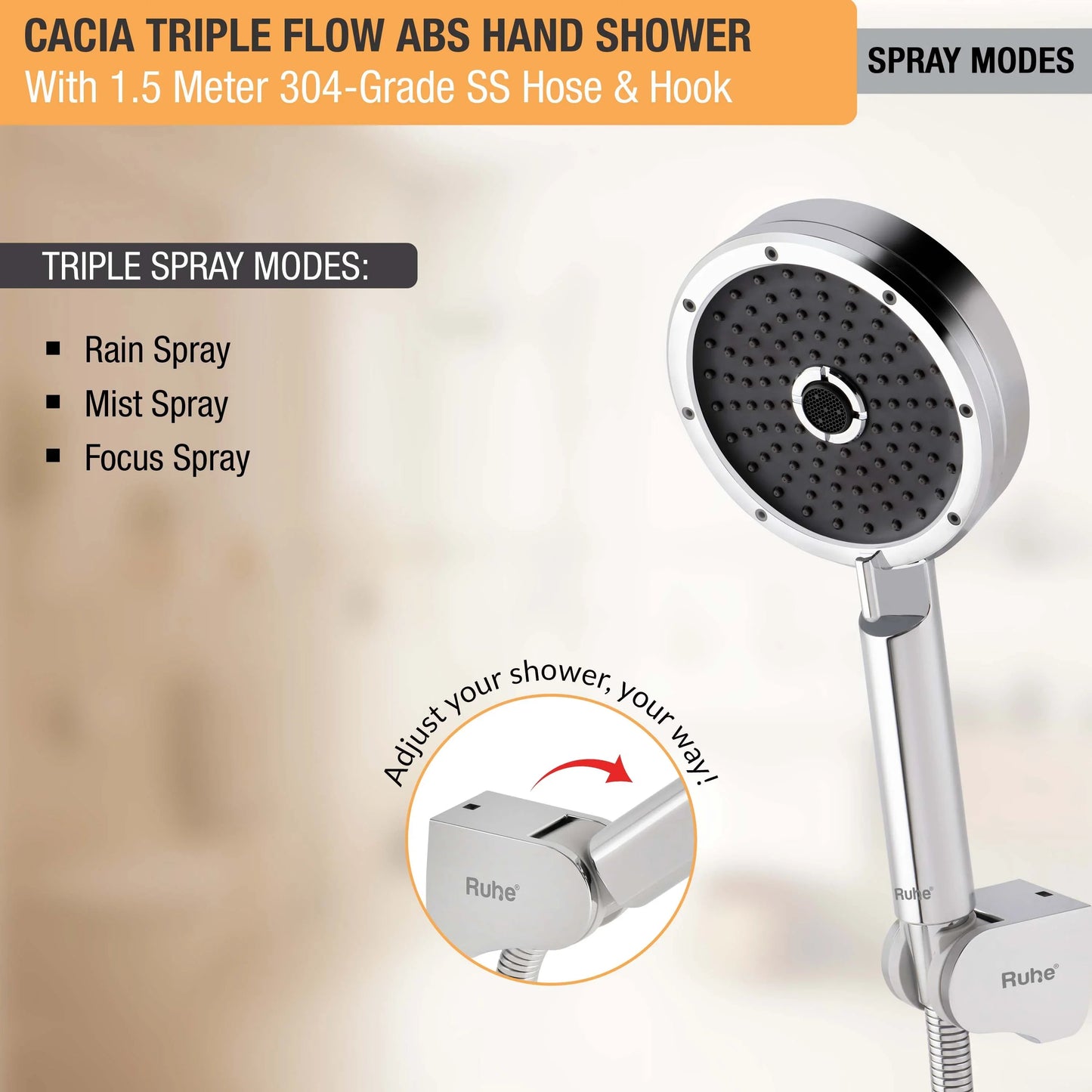 Cacia Triple Flow ABS Hand Shower with 1.5 Meter 304-grade SS Hose & Hook