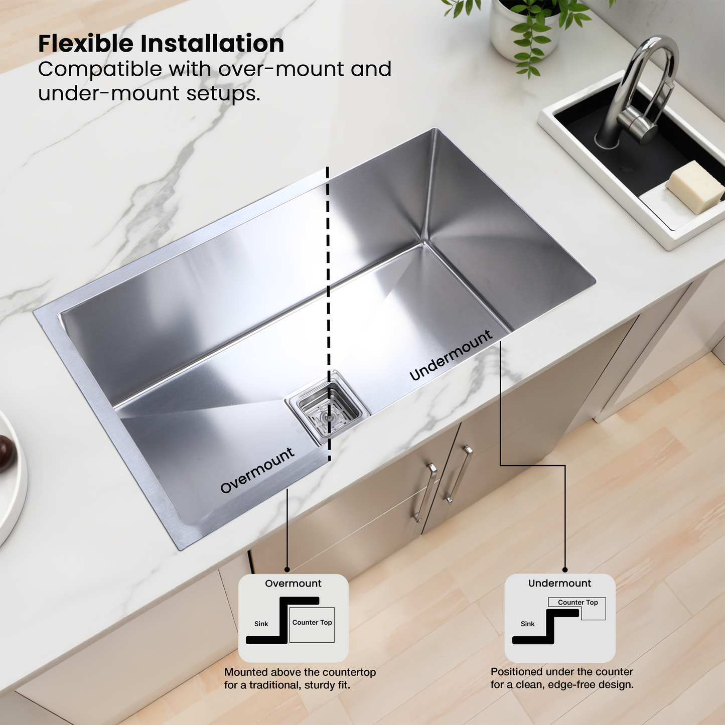 Handmade Single Bowl Kitchen Sink (24 x 18 x 10 Inches), Suitable for undermount and overmount