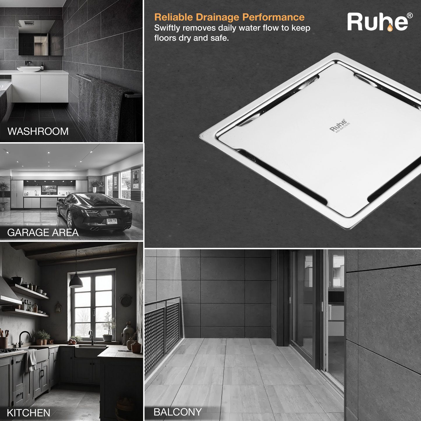 Diamond Square Flat Cut 304-Grade Floor Drain (5 x 5 Inches) - by Ruhe
