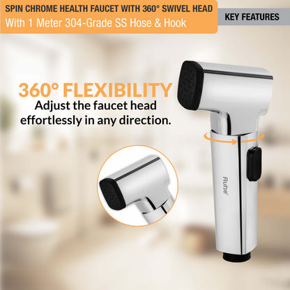 Spin Chrome Health Faucet with 360 Â° Swivel Head and 1 Meter 304-Grade SS Hose & Hook