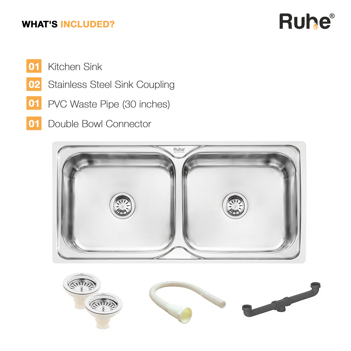 Double Bowl Kitchen Sink (37 x 18 x 8 Inches)